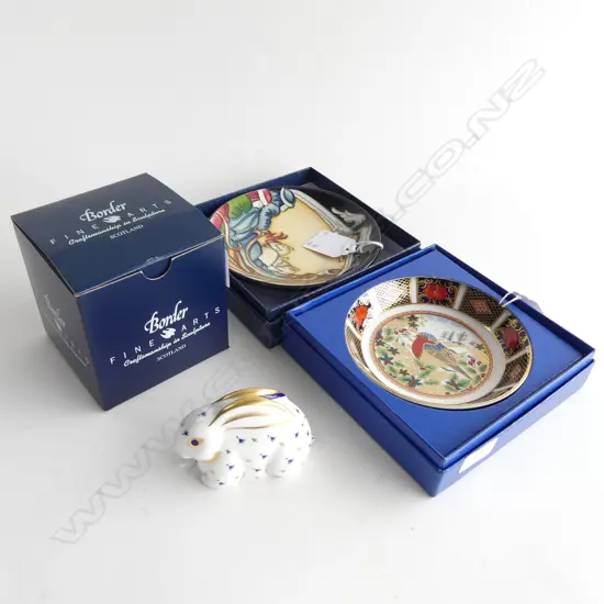 A Moorcroft small tray 'Shepherd's Watch', Derby 'Christmas Robin small tray and Derby 'Baby Rabbit'